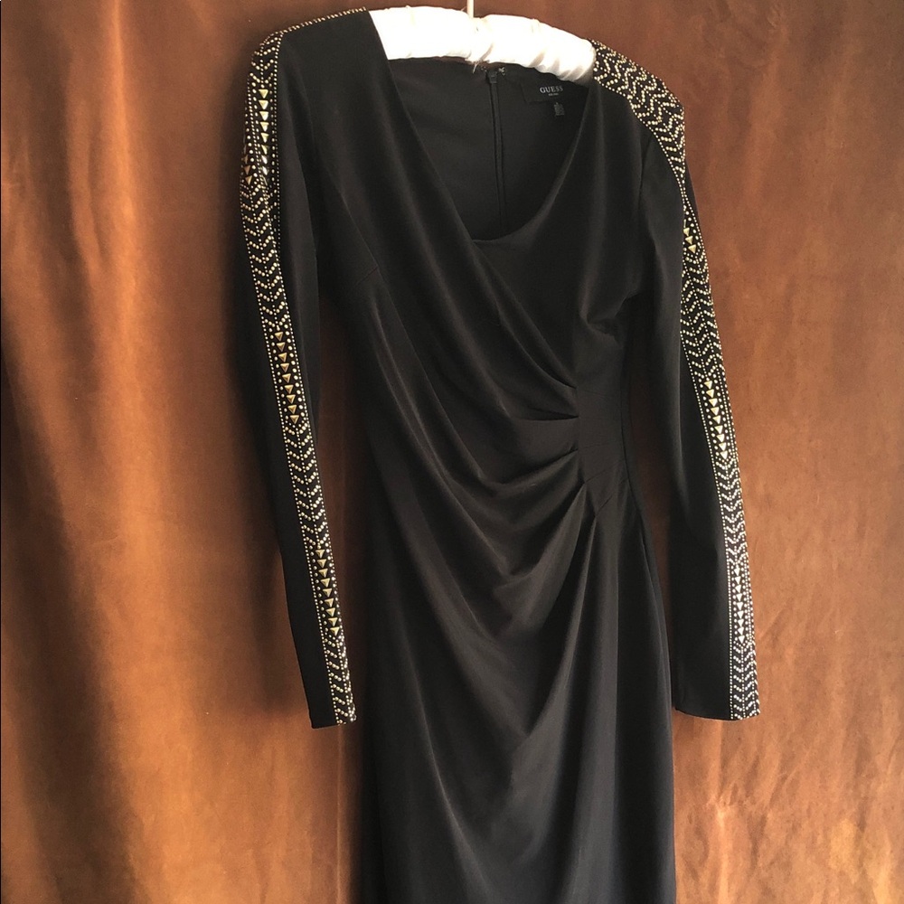Guess Black Long-Sleeve Draped Evening Dress with Embellished Sleeves